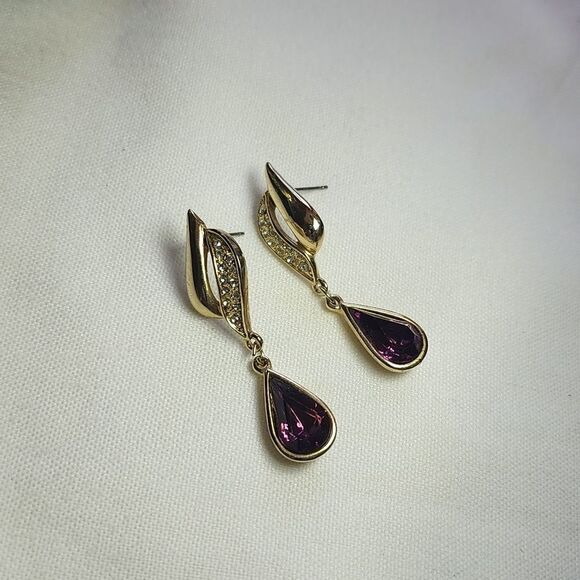 Vintage Amethyst Rhinestone Drop Earrings - Picture 7 of 7